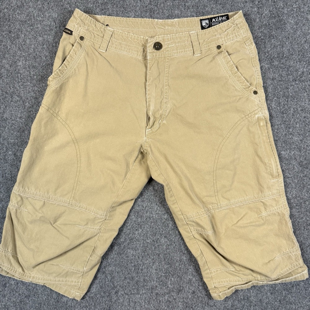 🧗 Kuhl Cargo Shorts Mens 30 Khaki Tan Patina Dye Hiking Trail Long Inseam 14